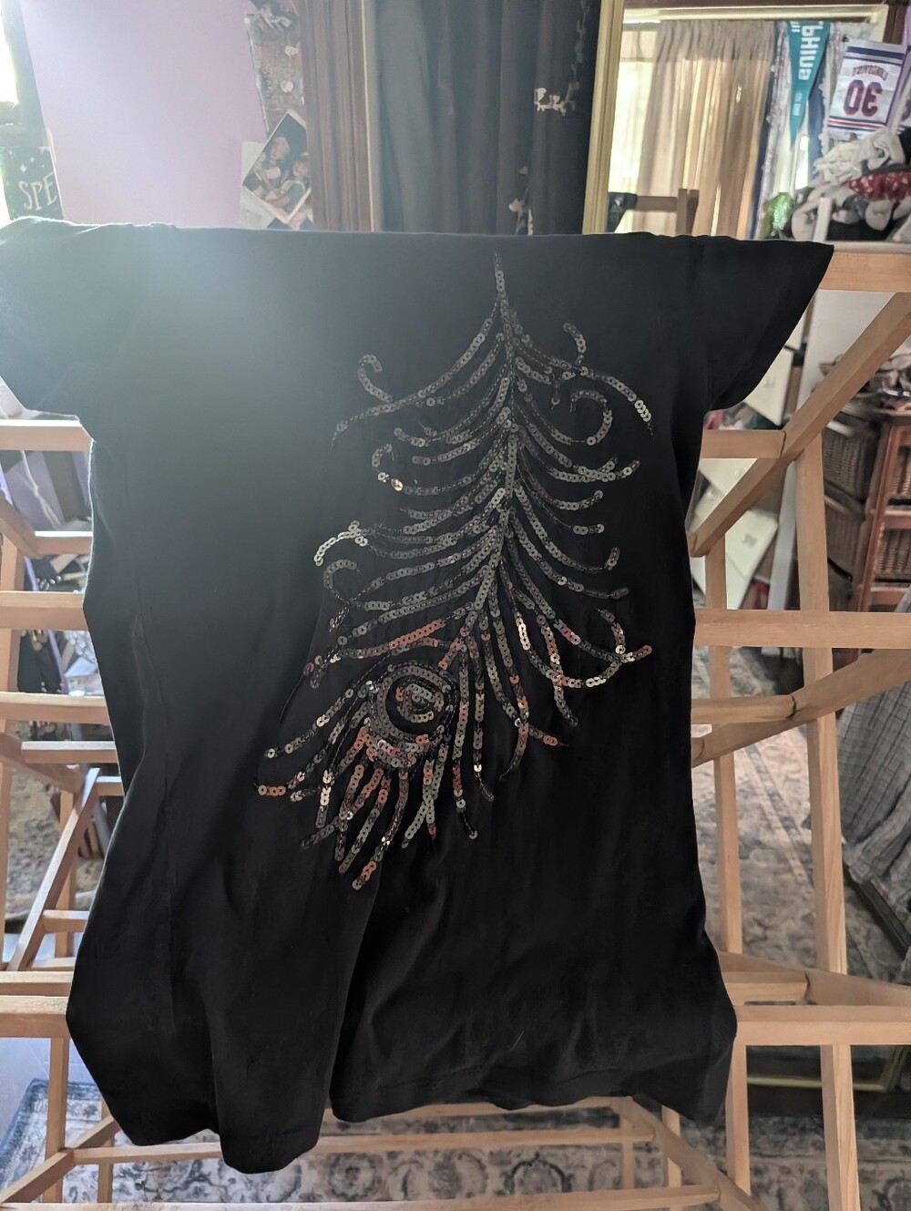 L.O.L. Vintage Black Tee with Sequined Feather Motif